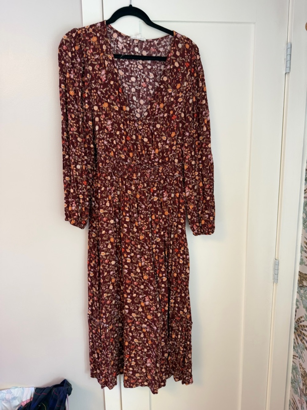 Women's Burgundy Floral Long Sleeve Midi Dress size large